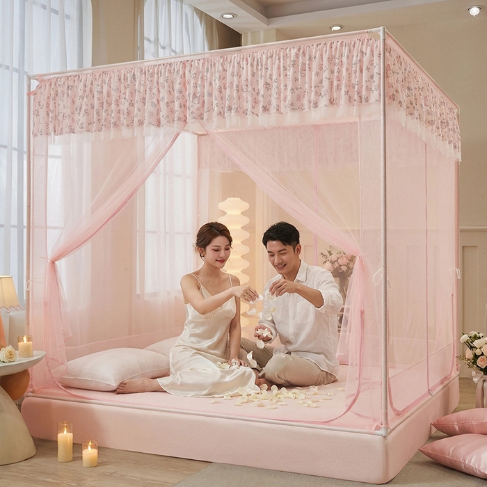 91家纺网 家纺一手货源 找家纺 青竹苑 2026新款花边款床笠底防摔坐床蚊帐 坐床-蝴蝶结花花