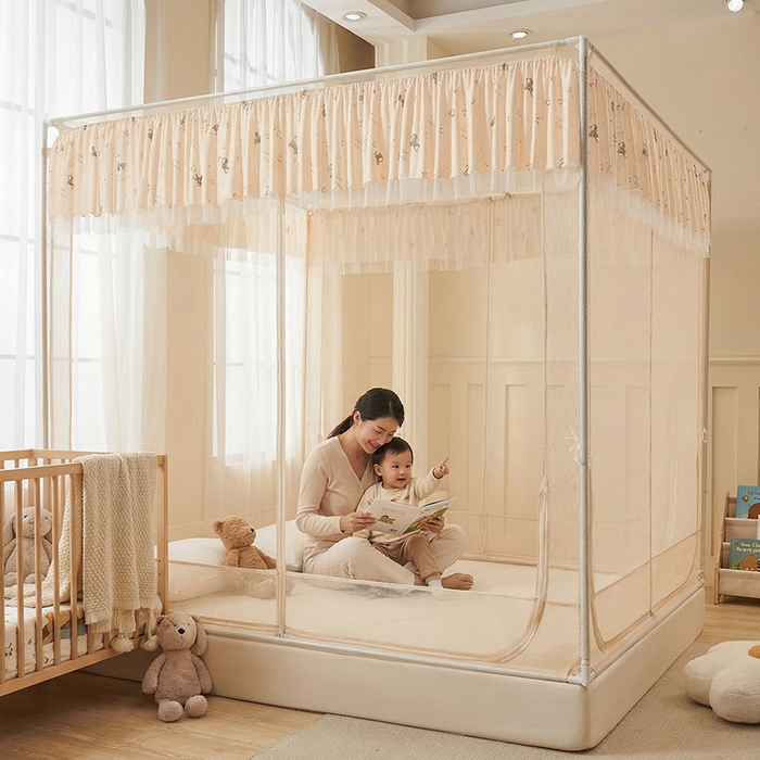 91家纺网 家纺一手货源 找家纺 青竹苑 2026新款花边款床笠底防摔坐床蚊帐 坐床-腊肠狗狗