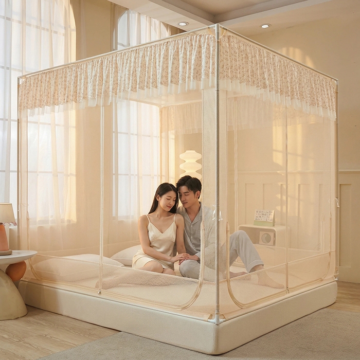 91家纺网 家纺一手货源 找家纺 青竹苑 2026新款花边款床笠底防摔坐床蚊帐 坐床-兔兔和花花