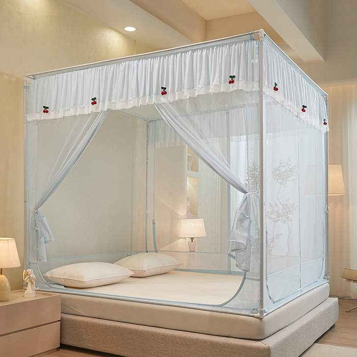 91家纺网 家纺一手货源 找家纺 青竹苑 2026新款花边款床笠底防摔坐床蚊帐 坐床樱桃-冰莓蓝