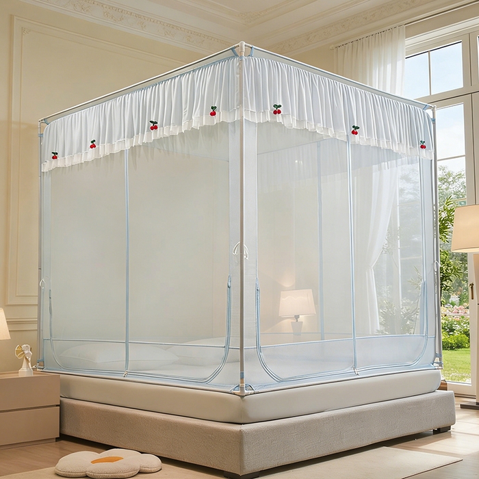 91家纺网 家纺一手货源 找家纺 青竹苑 2026新款花边款床笠底防摔坐床蚊帐 坐床樱桃-冰莓蓝