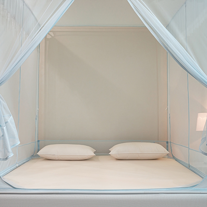 91家纺网 家纺一手货源 找家纺 青竹苑 2026新款花边款床笠底防摔坐床蚊帐 坐床樱桃-冰莓蓝