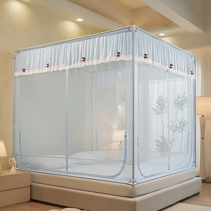 91家纺网 家纺一手货源 找家纺 青竹苑 2026新款花边款床笠底防摔坐床蚊帐 坐床樱桃-冰莓蓝