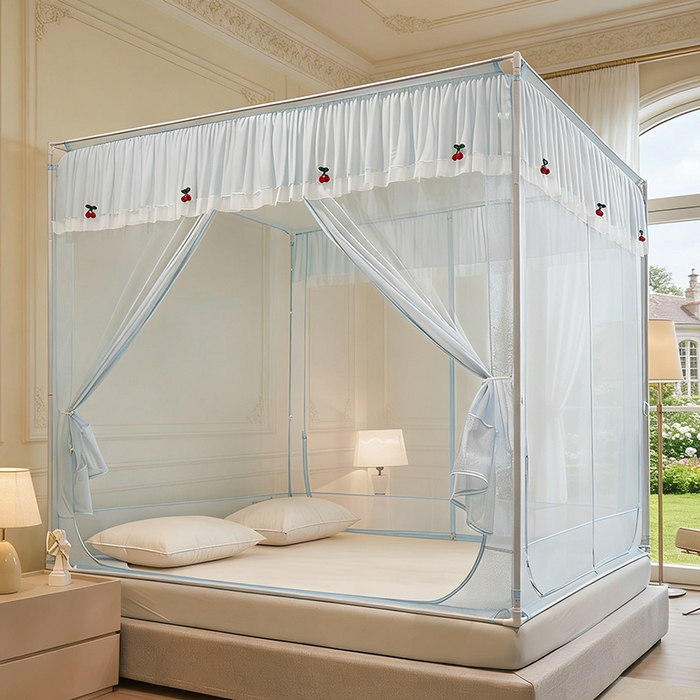 91家纺网 家纺一手货源 找家纺 青竹苑 2026新款花边款床笠底防摔坐床蚊帐 坐床樱桃-冰莓蓝