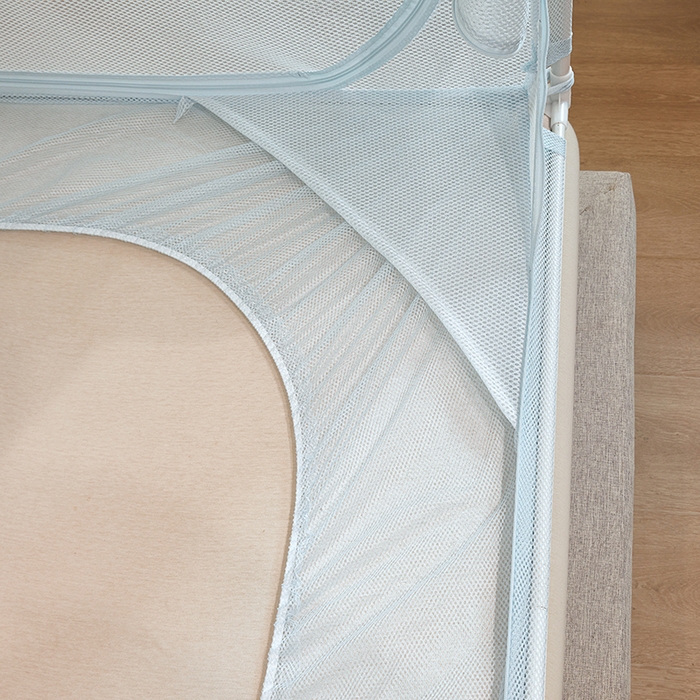 91家纺网 家纺一手货源 找家纺 青竹苑 2026新款花边款床笠底防摔坐床蚊帐 坐床樱桃-冰莓蓝