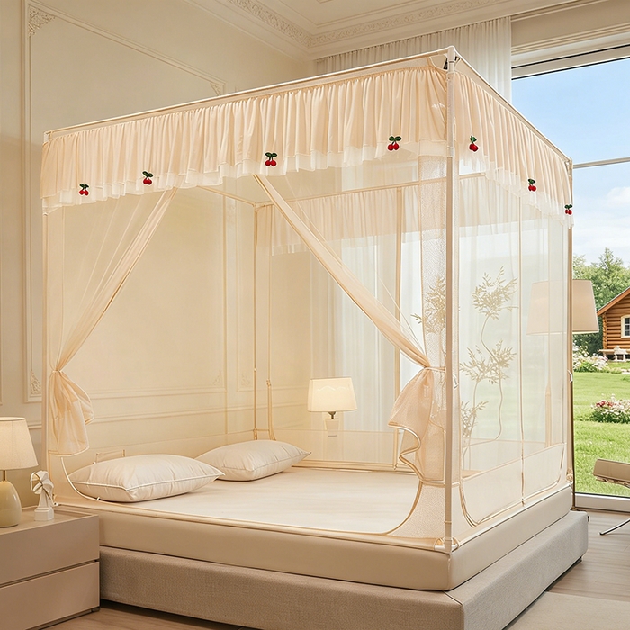 91家纺网 家纺一手货源 找家纺 青竹苑 2026新款花边款床笠底防摔坐床蚊帐 坐床樱桃-奶杏