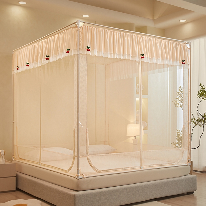 91家纺网 家纺一手货源 找家纺 青竹苑 2026新款花边款床笠底防摔坐床蚊帐 坐床樱桃-奶杏