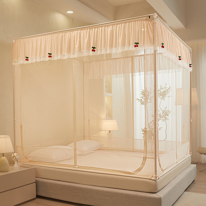 91家纺网 家纺一手货源 找家纺 青竹苑 2026新款花边款床笠底防摔坐床蚊帐 坐床樱桃-奶杏