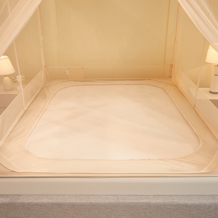 91家纺网 家纺一手货源 找家纺 青竹苑 2026新款花边款床笠底防摔坐床蚊帐 坐床樱桃-奶杏