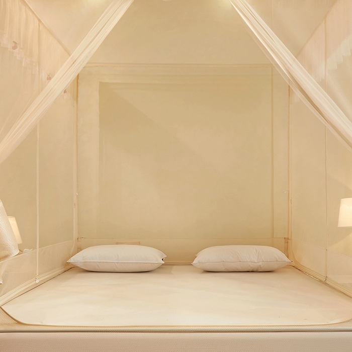 91家纺网 家纺一手货源 找家纺 青竹苑 2026新款花边款床笠底防摔坐床蚊帐 坐床樱桃-奶杏