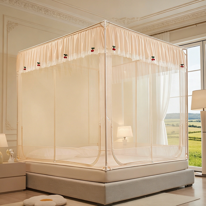 91家纺网 家纺一手货源 找家纺 青竹苑 2026新款花边款床笠底防摔坐床蚊帐 坐床樱桃-奶杏