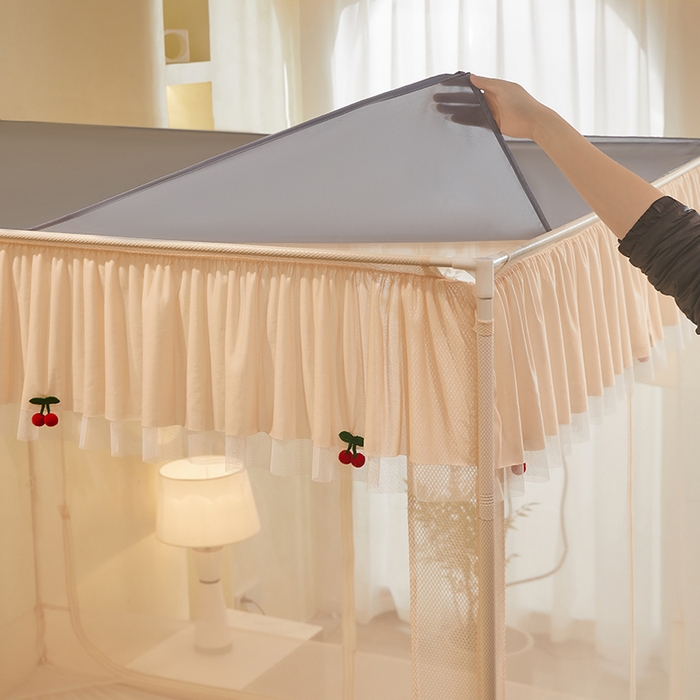 91家纺网 家纺一手货源 找家纺 青竹苑 2026新款花边款床笠底防摔坐床蚊帐 坐床樱桃-奶杏