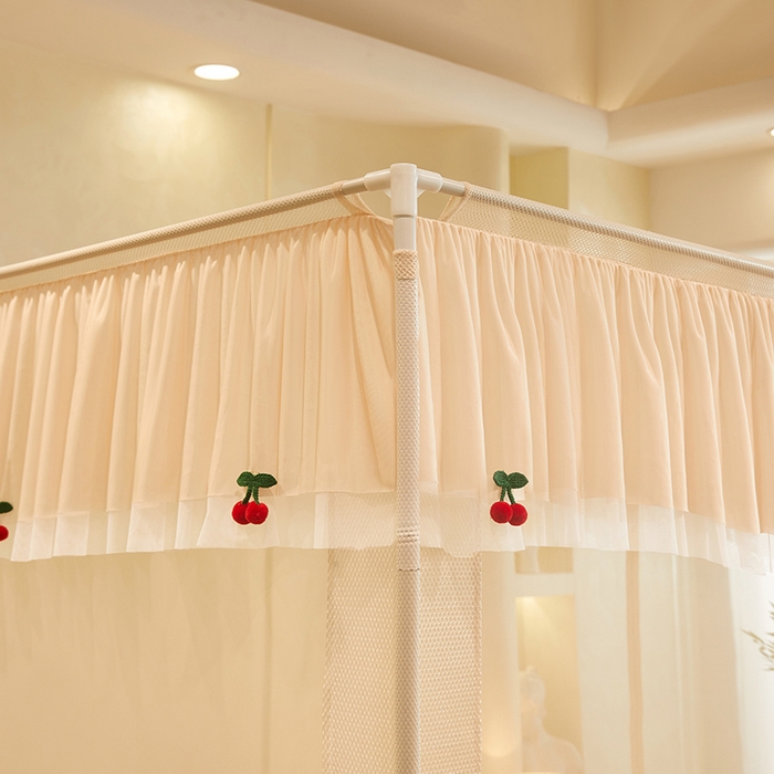 91家纺网 家纺一手货源 找家纺 青竹苑 2026新款花边款床笠底防摔坐床蚊帐 坐床樱桃-奶杏