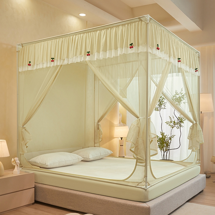 91家纺网 家纺一手货源 找家纺 青竹苑 2026新款花边款床笠底防摔坐床蚊帐 坐床樱桃-鼠尾草绿