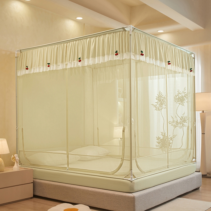 青竹苑 2026新款花边款床笠底防摔坐床蚊帐 坐床樱桃-鼠尾草绿