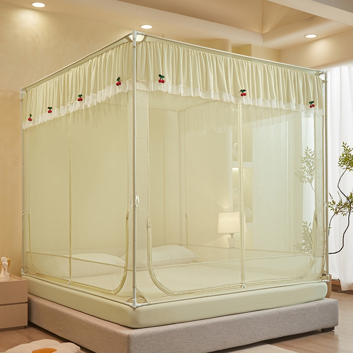 91家纺网 家纺一手货源 找家纺 青竹苑 2026新款花边款床笠底防摔坐床蚊帐 坐床樱桃-鼠尾草绿