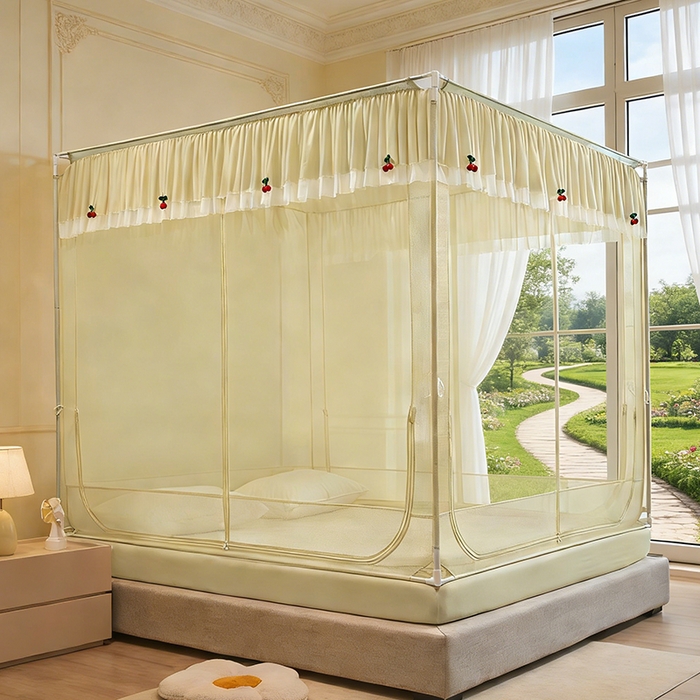 91家纺网 家纺一手货源 找家纺 青竹苑 2026新款花边款床笠底防摔坐床蚊帐 坐床樱桃-鼠尾草绿