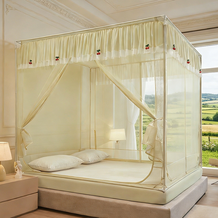 91家纺网 家纺一手货源 找家纺 青竹苑 2026新款花边款床笠底防摔坐床蚊帐 坐床樱桃-鼠尾草绿