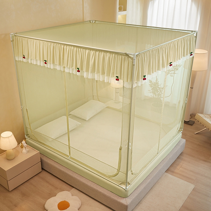 91家纺网 家纺一手货源 找家纺 青竹苑 2026新款花边款床笠底防摔坐床蚊帐 坐床樱桃-鼠尾草绿