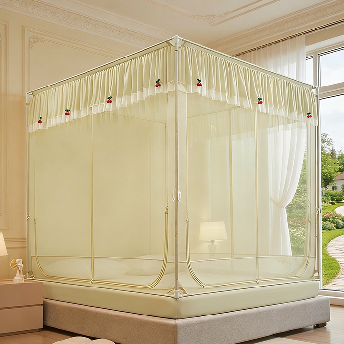 91家纺网 家纺一手货源 找家纺 青竹苑 2026新款花边款床笠底防摔坐床蚊帐 坐床樱桃-鼠尾草绿