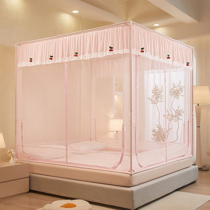 青竹苑 2026新款花边款床笠底防摔坐床蚊帐 坐床樱桃-樱花粉