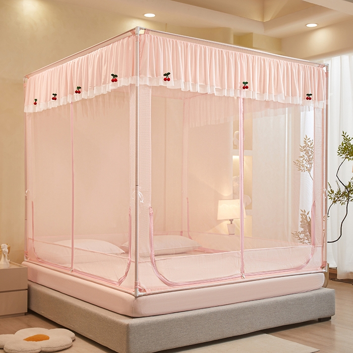 91家纺网 家纺一手货源 找家纺 青竹苑 2026新款花边款床笠底防摔坐床蚊帐 坐床樱桃-樱花粉