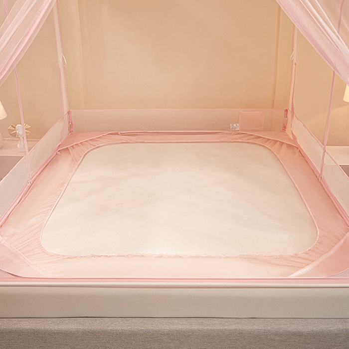 91家纺网 家纺一手货源 找家纺 青竹苑 2026新款花边款床笠底防摔坐床蚊帐 坐床樱桃-樱花粉