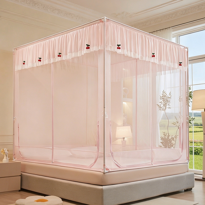 91家纺网 家纺一手货源 找家纺 青竹苑 2026新款花边款床笠底防摔坐床蚊帐 坐床樱桃-樱花粉