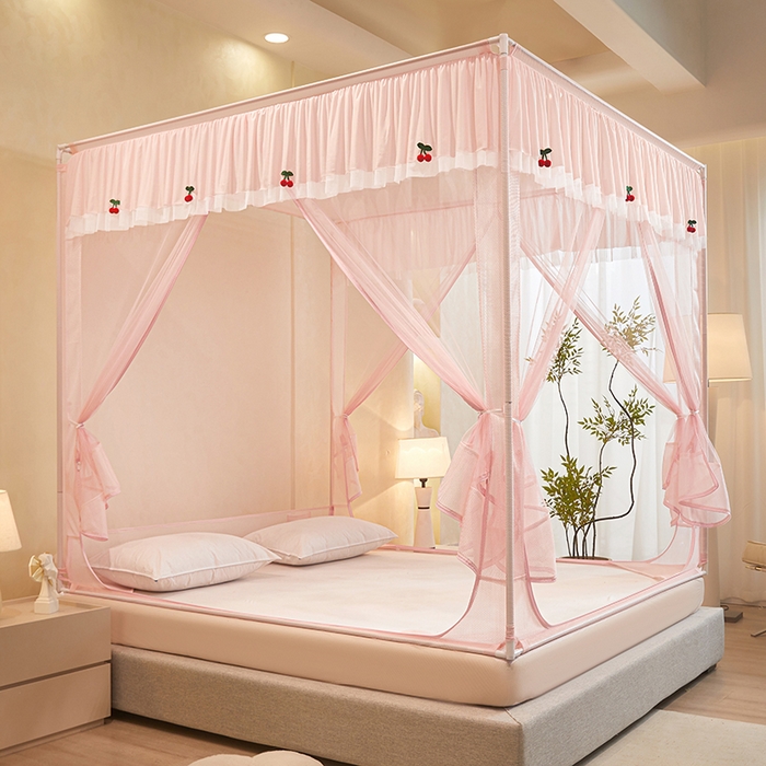 91家纺网 家纺一手货源 找家纺 青竹苑 2026新款花边款床笠底防摔坐床蚊帐 坐床樱桃-樱花粉