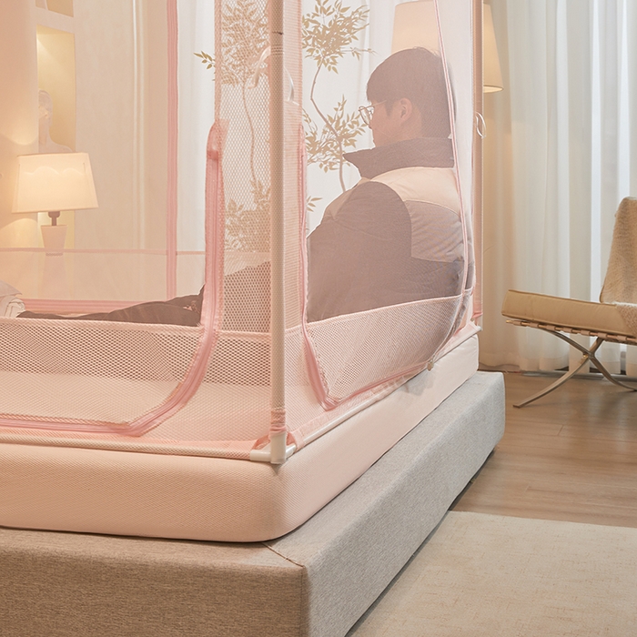 91家纺网 家纺一手货源 找家纺 青竹苑 2026新款花边款床笠底防摔坐床蚊帐 坐床樱桃-樱花粉