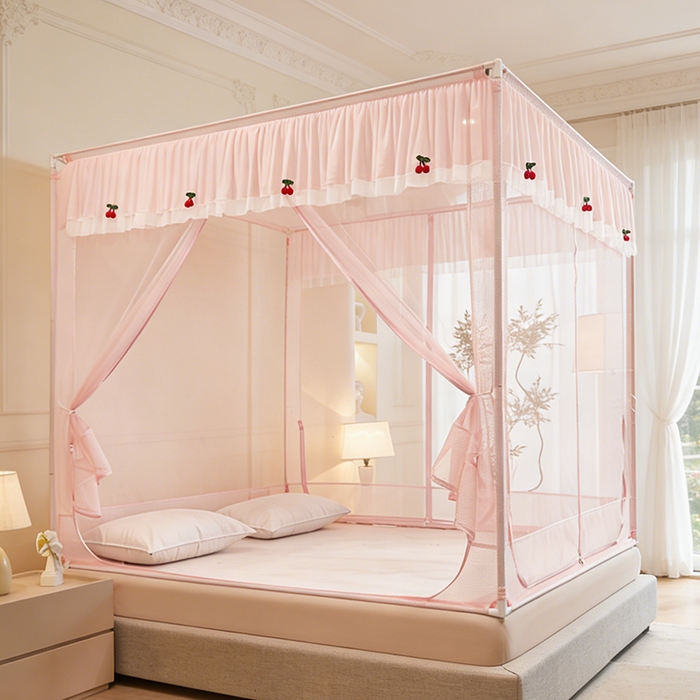 91家纺网 家纺一手货源 找家纺 青竹苑 2026新款花边款床笠底防摔坐床蚊帐 坐床樱桃-樱花粉