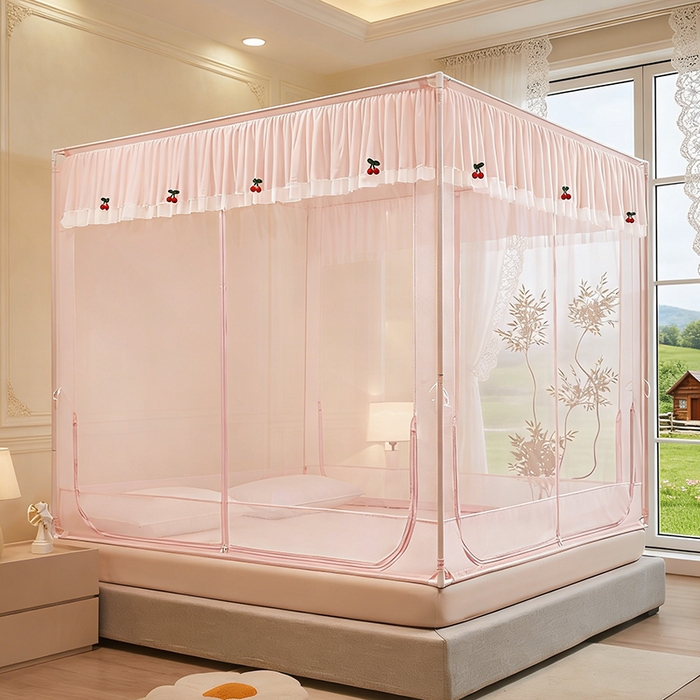 91家纺网 家纺一手货源 找家纺 青竹苑 2026新款花边款床笠底防摔坐床蚊帐 坐床樱桃-樱花粉