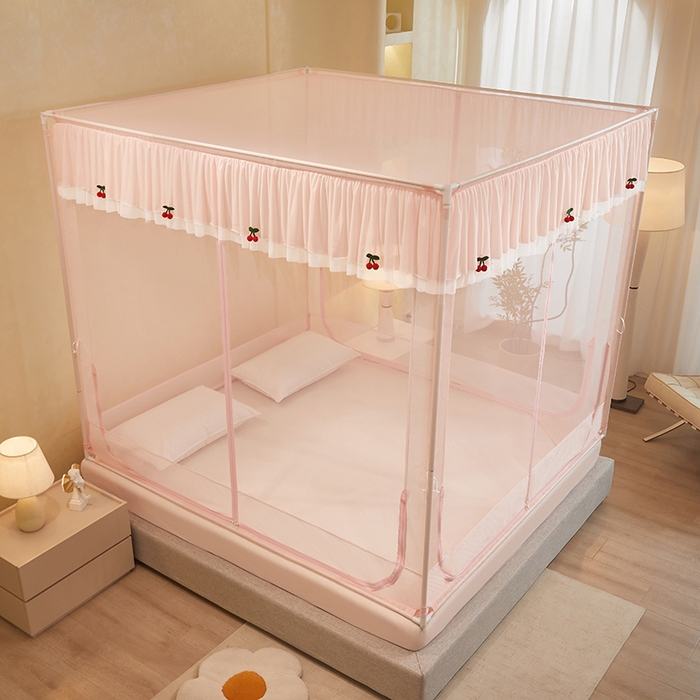 91家纺网 家纺一手货源 找家纺 青竹苑 2026新款花边款床笠底防摔坐床蚊帐 坐床樱桃-樱花粉