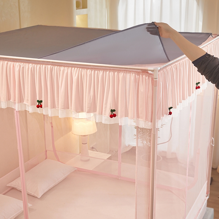 91家纺网 家纺一手货源 找家纺 青竹苑 2026新款花边款床笠底防摔坐床蚊帐 坐床樱桃-樱花粉