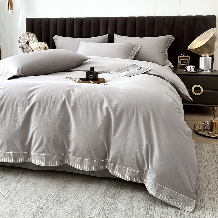 拼社家纺 2026新款A类色织全棉水洗棉四件套纯棉四件套刺绣床上用品-黛妮卡系列 黛妮卡-浅银灰