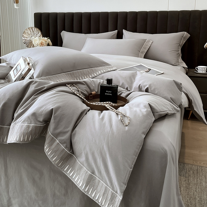 91家纺网 家纺一手货源 找家纺 拼社家纺 2026新款A类色织全棉水洗棉四件套纯棉四件套刺绣床上用品-黛妮卡系列 黛妮卡-浅银灰