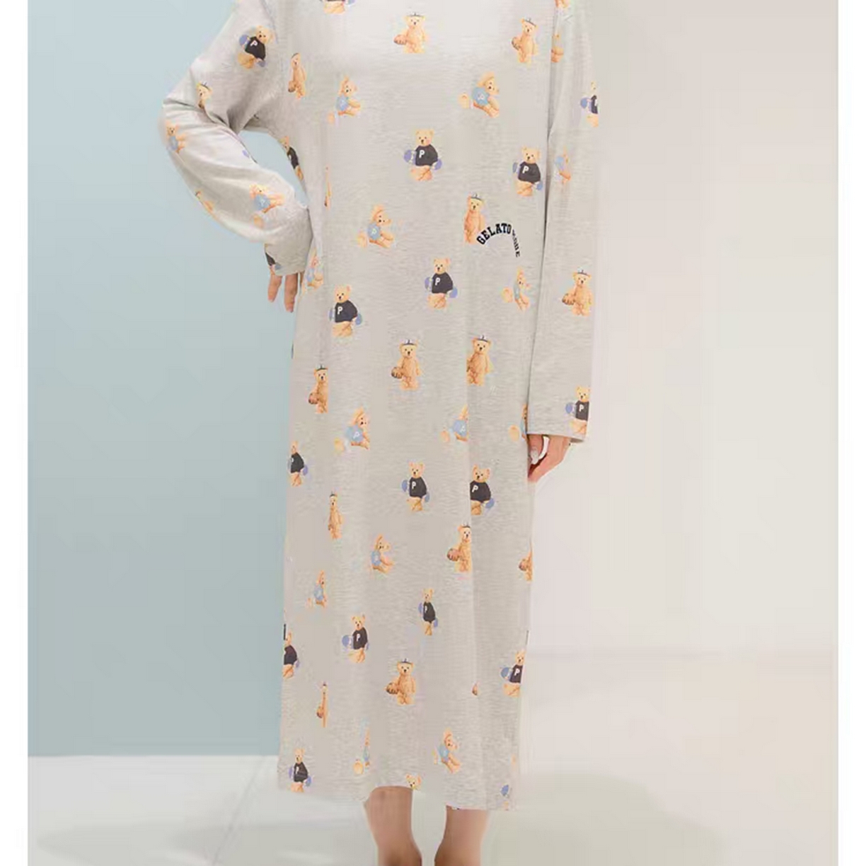 91家纺网 家纺一手货源 找家纺 妍景家居生活馆 2026新款满印运动小熊睡裙 灰色