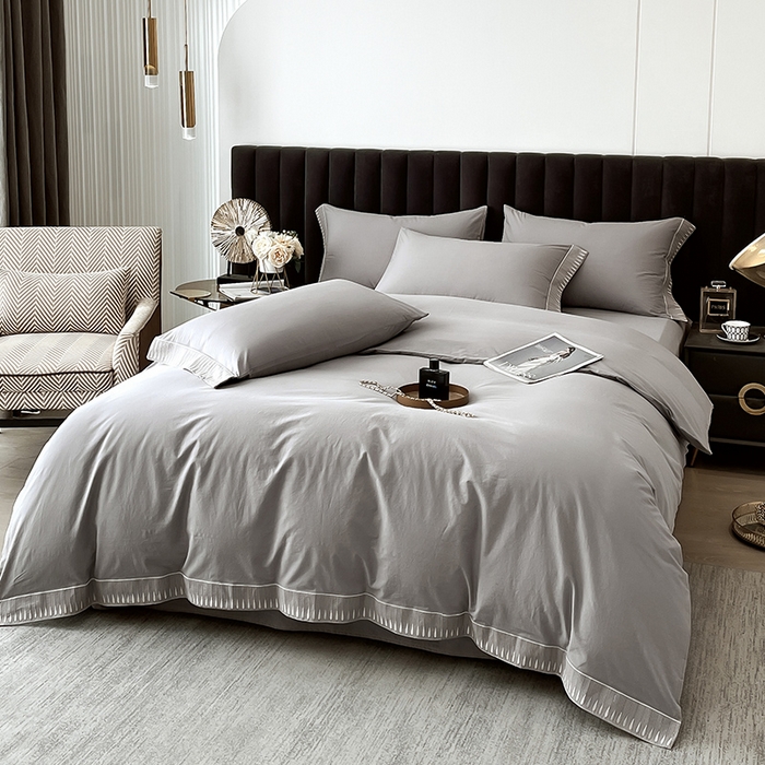 91家纺网 家纺一手货源 找家纺 拼社家纺 2026新款A类色织全棉水洗棉四件套纯棉四件套刺绣床上用品-黛妮卡系列 黛妮卡-浅银灰