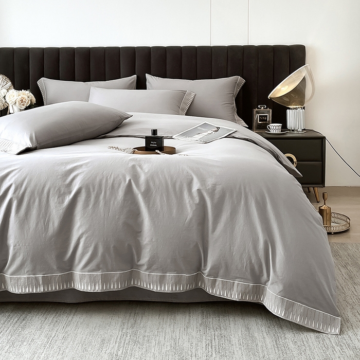 91家纺网 家纺一手货源 找家纺 拼社家纺 2026新款A类色织全棉水洗棉四件套纯棉四件套刺绣床上用品-黛妮卡系列 黛妮卡-浅银灰