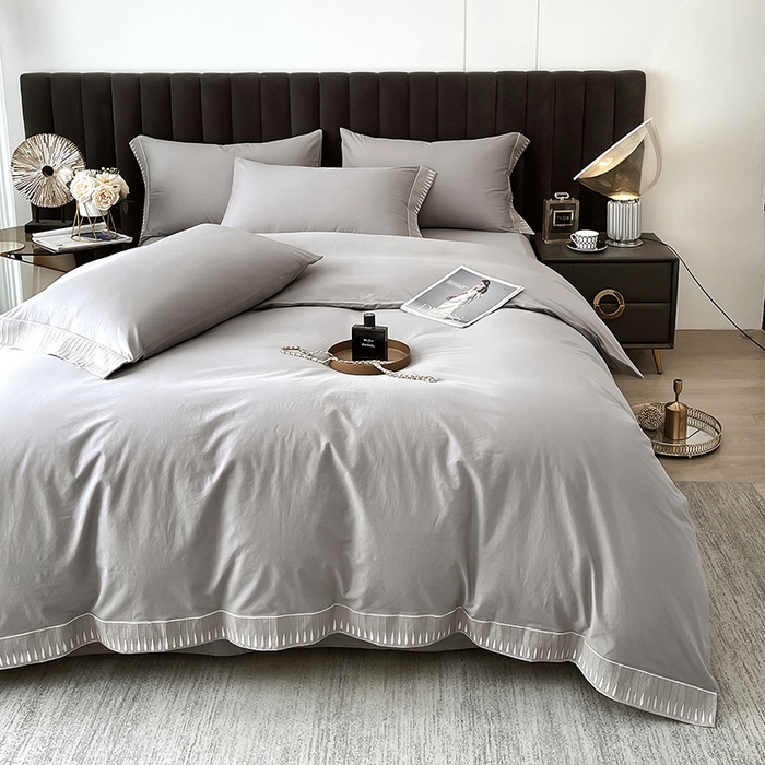 91家纺网 家纺一手货源 找家纺 拼社家纺 2026新款A类色织全棉水洗棉四件套纯棉四件套刺绣床上用品-黛妮卡系列 黛妮卡-浅银灰