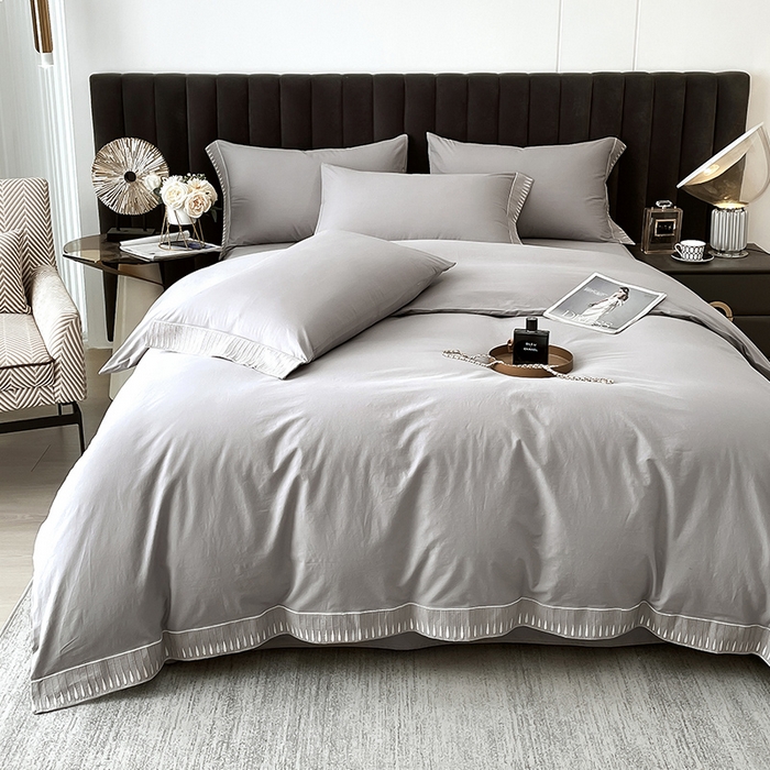 91家纺网 家纺一手货源 找家纺 拼社家纺 2026新款A类色织全棉水洗棉四件套纯棉四件套刺绣床上用品-黛妮卡系列 黛妮卡-浅银灰