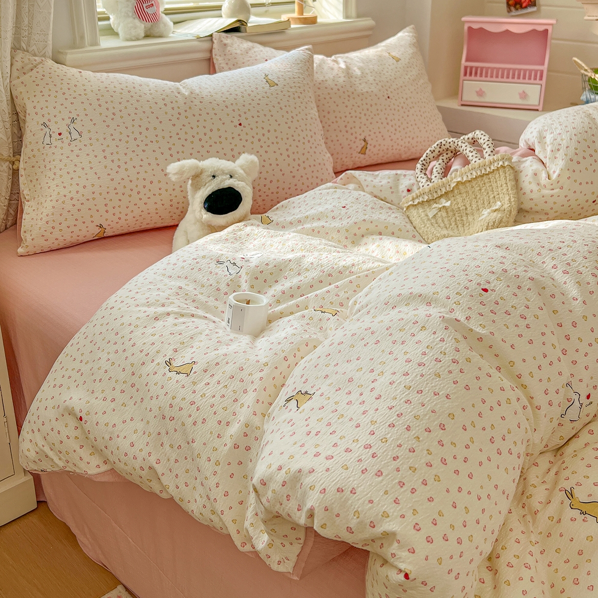 91家纺网 家纺一手货源 找家纺 （总）金梦拉家纺 2026春夏新款云感双层纱皱皱纱系列四件套