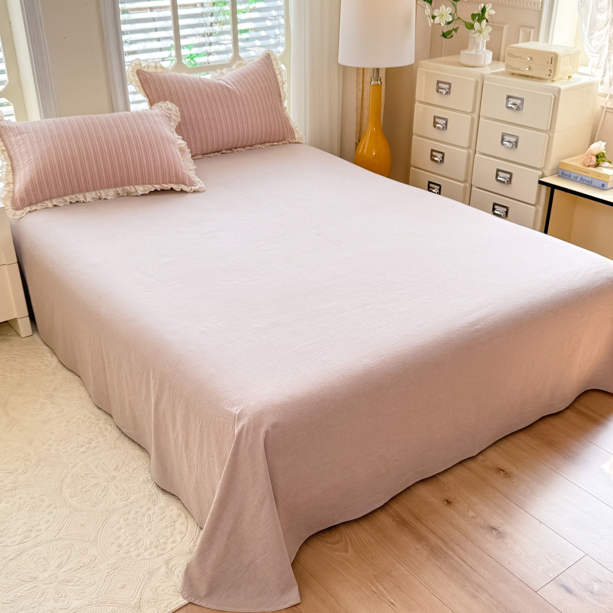 91家纺网 家纺一手货源 找家纺 仰望棉麻双层纱供应链 2026春夏新款全棉纯棉色织提花四件套-麦香麦香-粉色