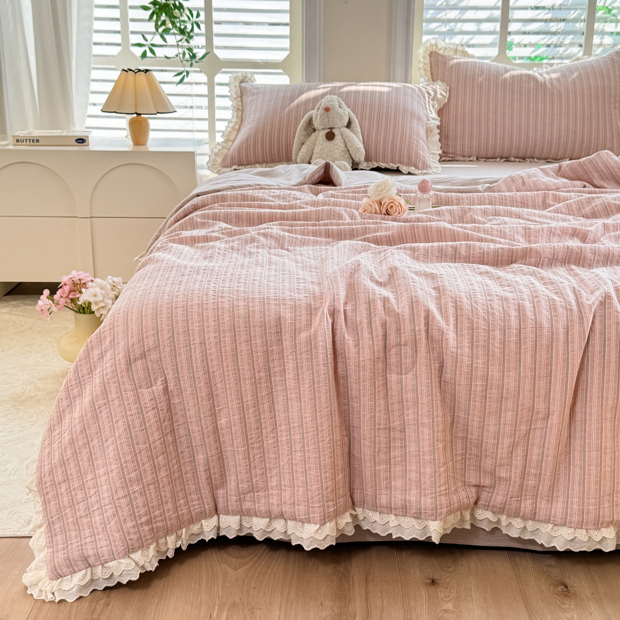 91家纺网 家纺一手货源 找家纺 仰望棉麻双层纱供应链 2026春夏新款全棉纯棉色织提花四件套-麦香麦香-粉色