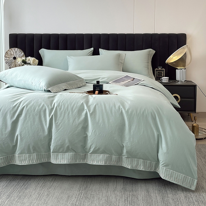 91家纺网 家纺一手货源 找家纺 拼社家纺 2026新款A类色织全棉水洗棉四件套纯棉四件套刺绣床上用品-黛妮卡系列 黛妮卡-水湖绿