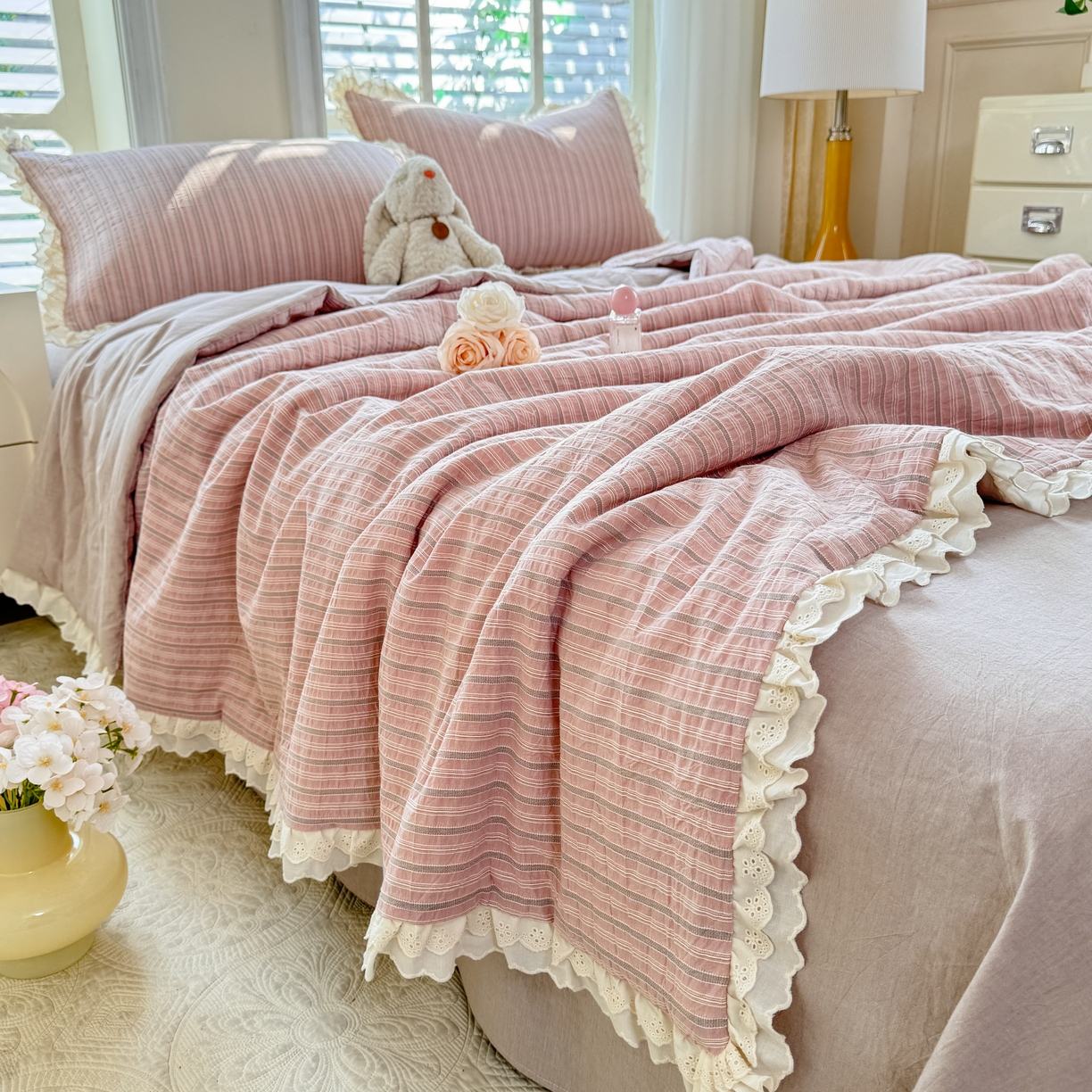 91家纺网 家纺一手货源 找家纺 仰望棉麻双层纱供应链 2026春夏新款全棉纯棉色织提花四件套-麦香麦香-粉色