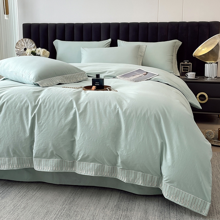 91家纺网 家纺一手货源 找家纺 拼社家纺 2026新款A类色织全棉水洗棉四件套纯棉四件套刺绣床上用品-黛妮卡系列 黛妮卡-水湖绿