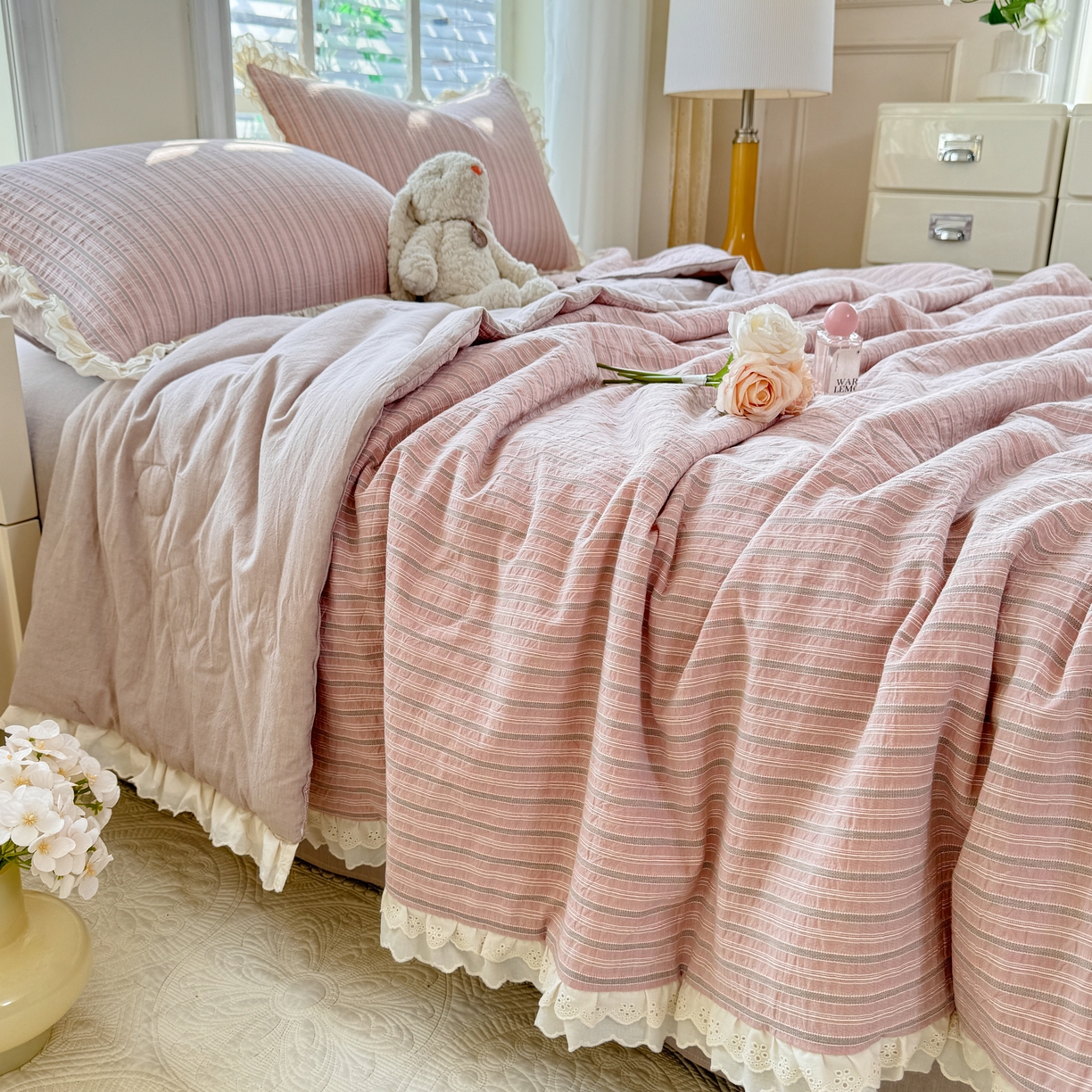 91家纺网 家纺一手货源 找家纺 仰望棉麻双层纱供应链 2026春夏新款全棉纯棉色织提花四件套-麦香麦香-粉色