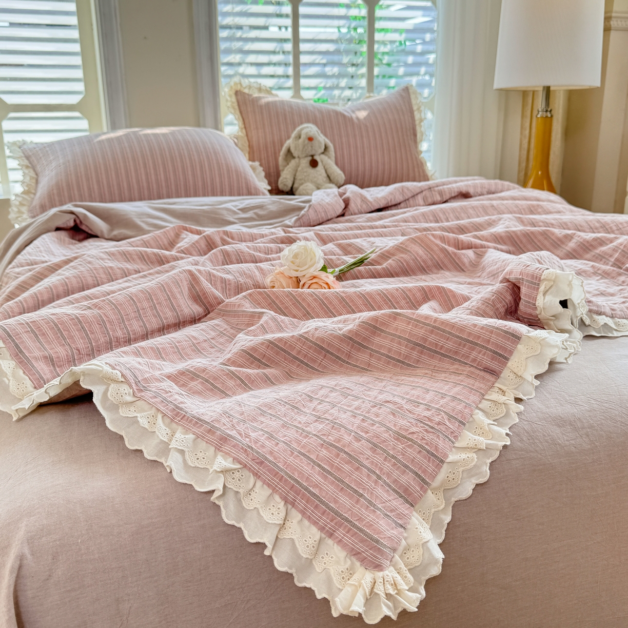 91家纺网 家纺一手货源 找家纺 仰望棉麻双层纱供应链 2026春夏新款全棉纯棉色织提花四件套-麦香麦香-粉色