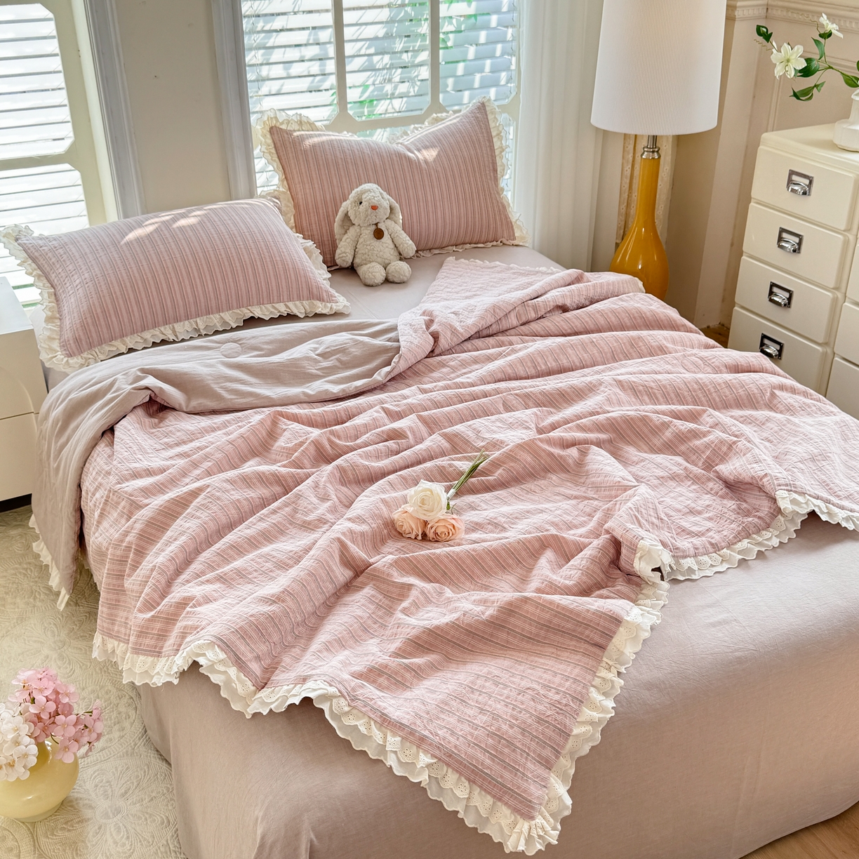 91家纺网 家纺一手货源 找家纺 仰望棉麻双层纱供应链 2026春夏新款全棉纯棉色织提花四件套-麦香麦香-粉色